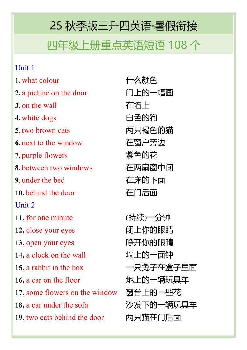 【2025秋新版】四年级上册重点英语短语汇总-吾爱自习网