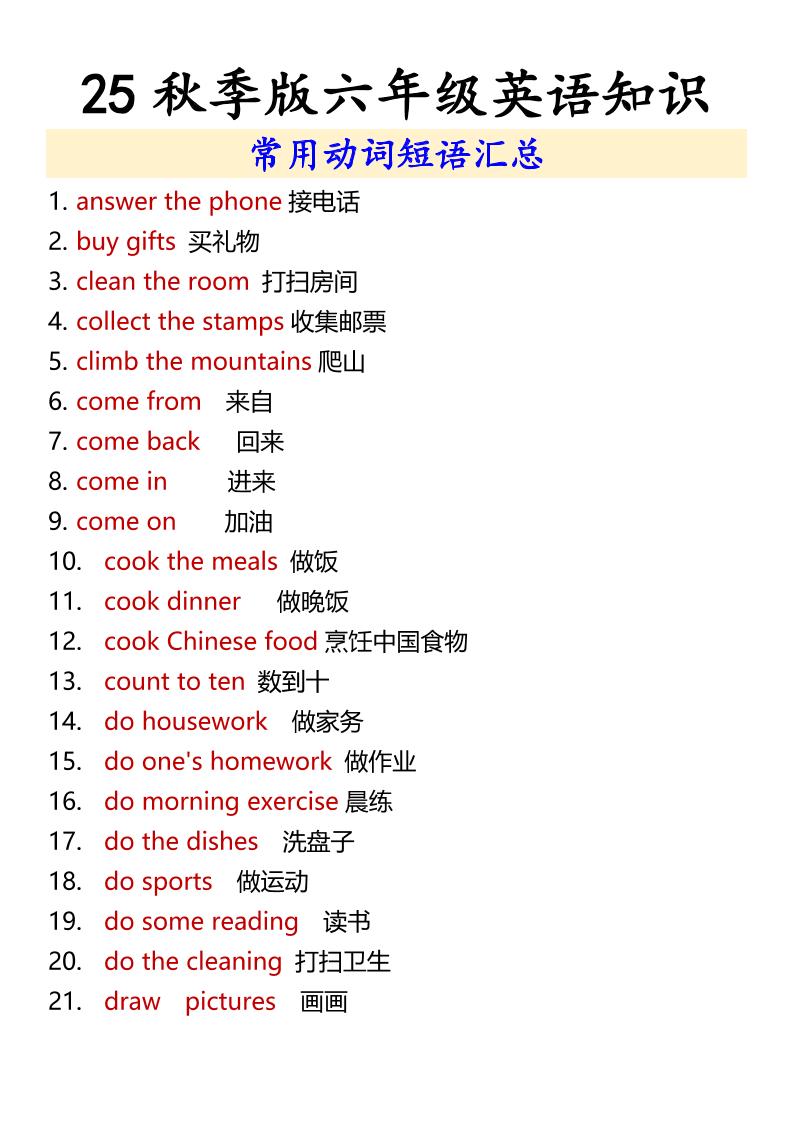 【2025秋新版】六年级上册英语常用动词短语汇总-吾爱自习网