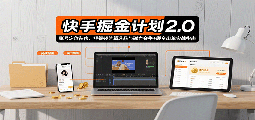 快手掘金计划2.0，账号定位装修、短视频剪辑选品与磁力金牛+裂变出单实战指南-吾爱自习网
