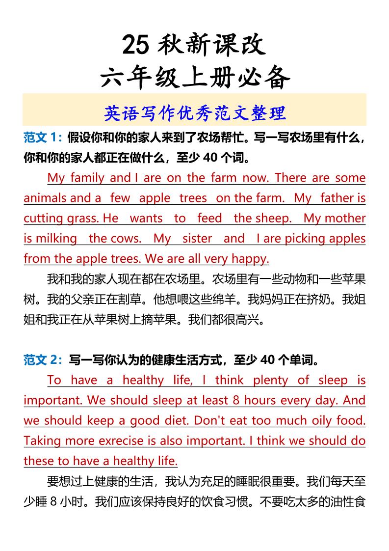 【2025秋新版】六年级上册必备英语写作优秀范文整理-吾爱自习网
