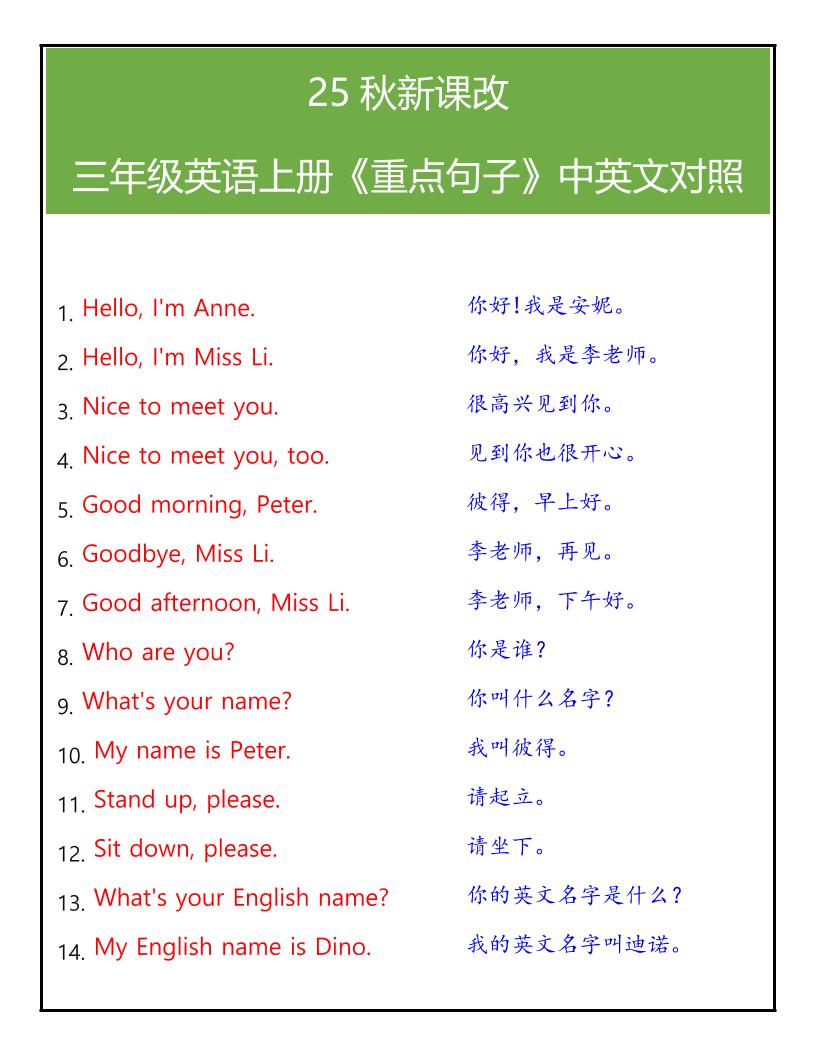 【2025秋新版】三年级英语上册《重点句子》中英文对照-吾爱自习网