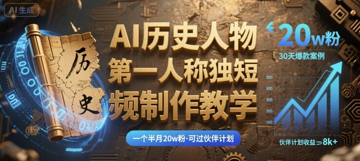 最新AI历史人物第一人称独白短视频制作教学，一个半月20w粉，可过伙伴计划-吾爱自习网