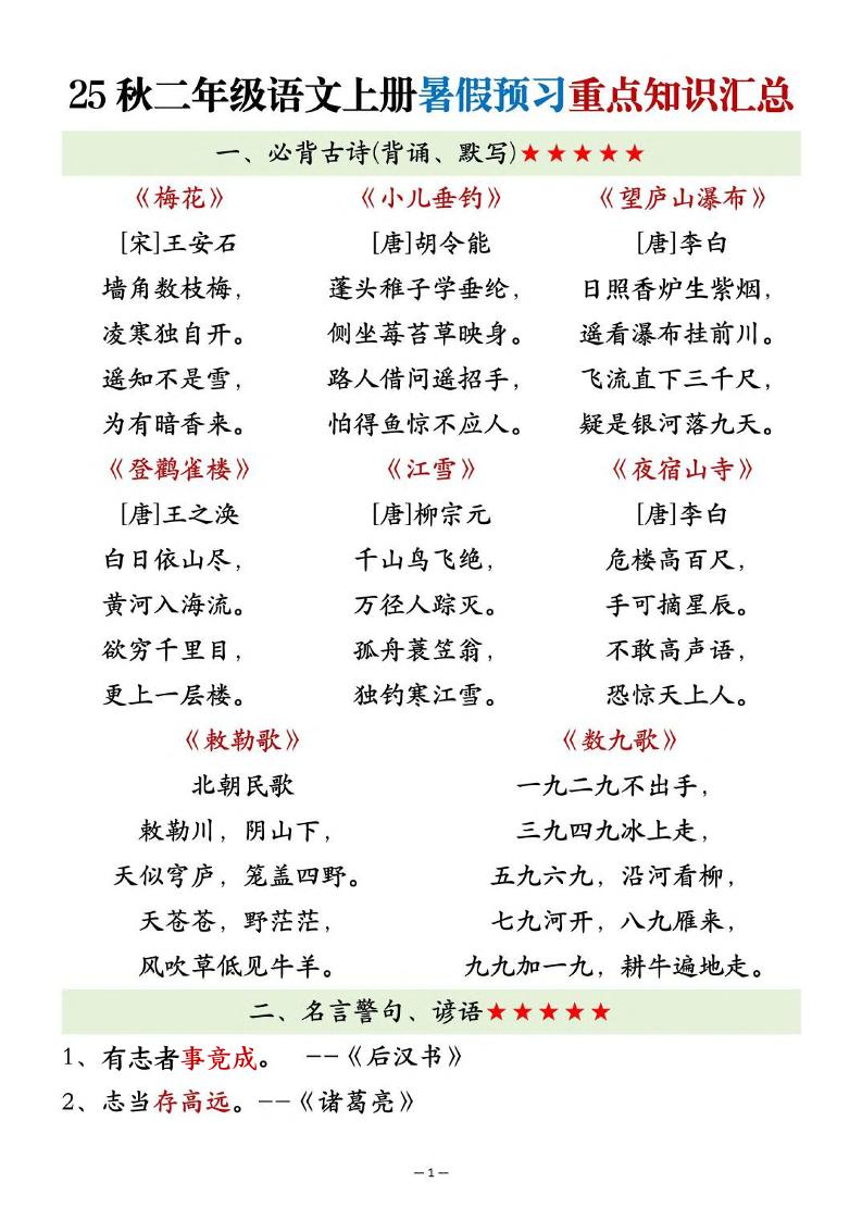 25秋二上语文暑假预习重点知识汇总20页-吾爱自习网