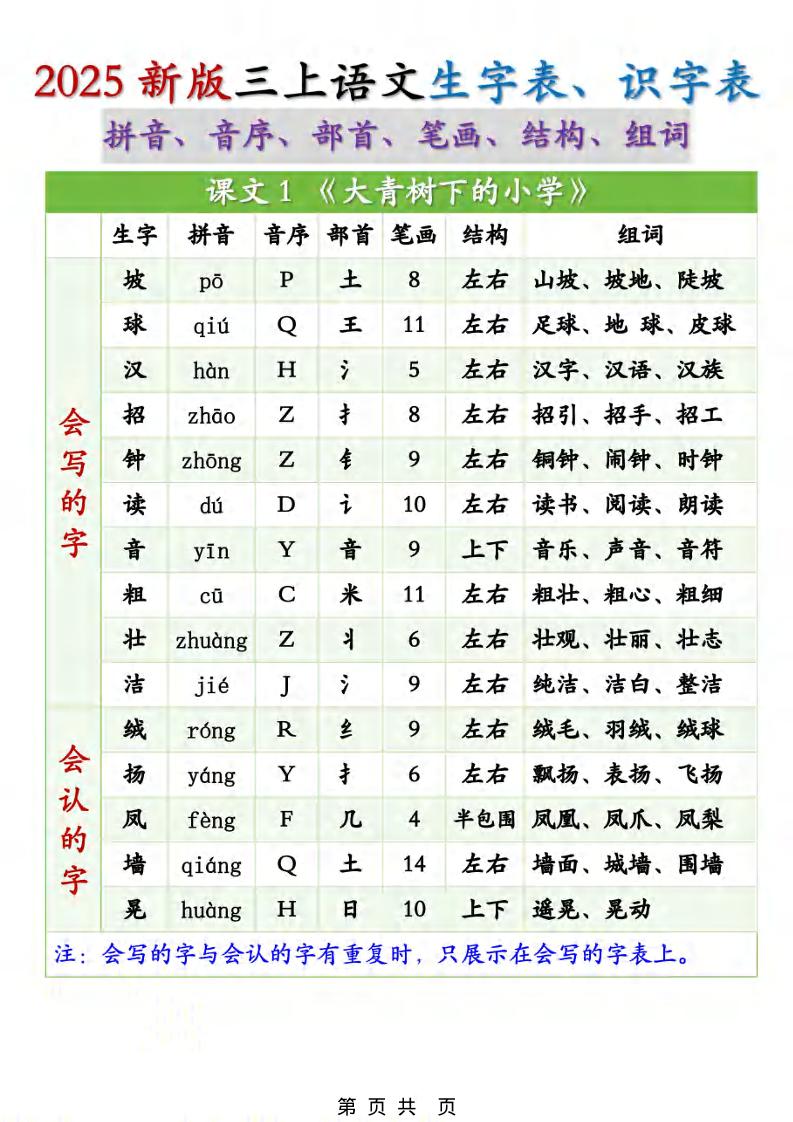 三年级上册语文《生字组词课课贴》（25秋）-吾爱自习网