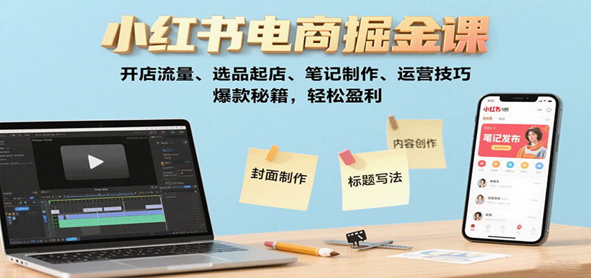 小红书电商掘金课：开店流量、选品起店、笔记制作、运营技巧，爆款秘籍，轻松盈利-吾爱自习网