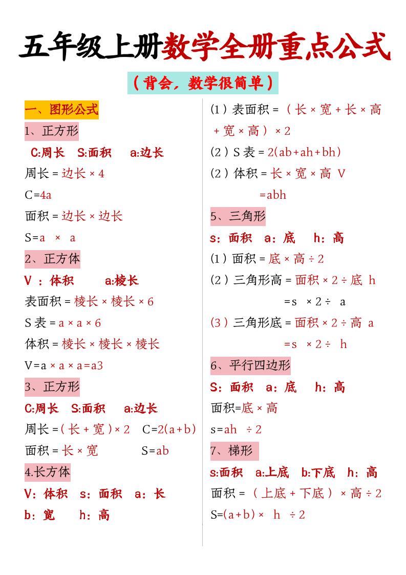 五上数学【全册重点公式】-吾爱自习网