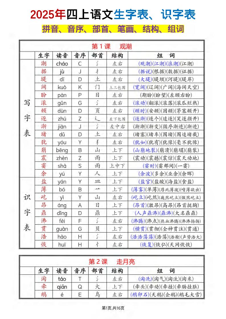 四年级上册语文《生字组词课课贴》（25秋）-吾爱自习网