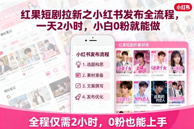 红果短剧拉新之小红书发布全流程,一天2小时,小白0粉就能做-吾爱自习网