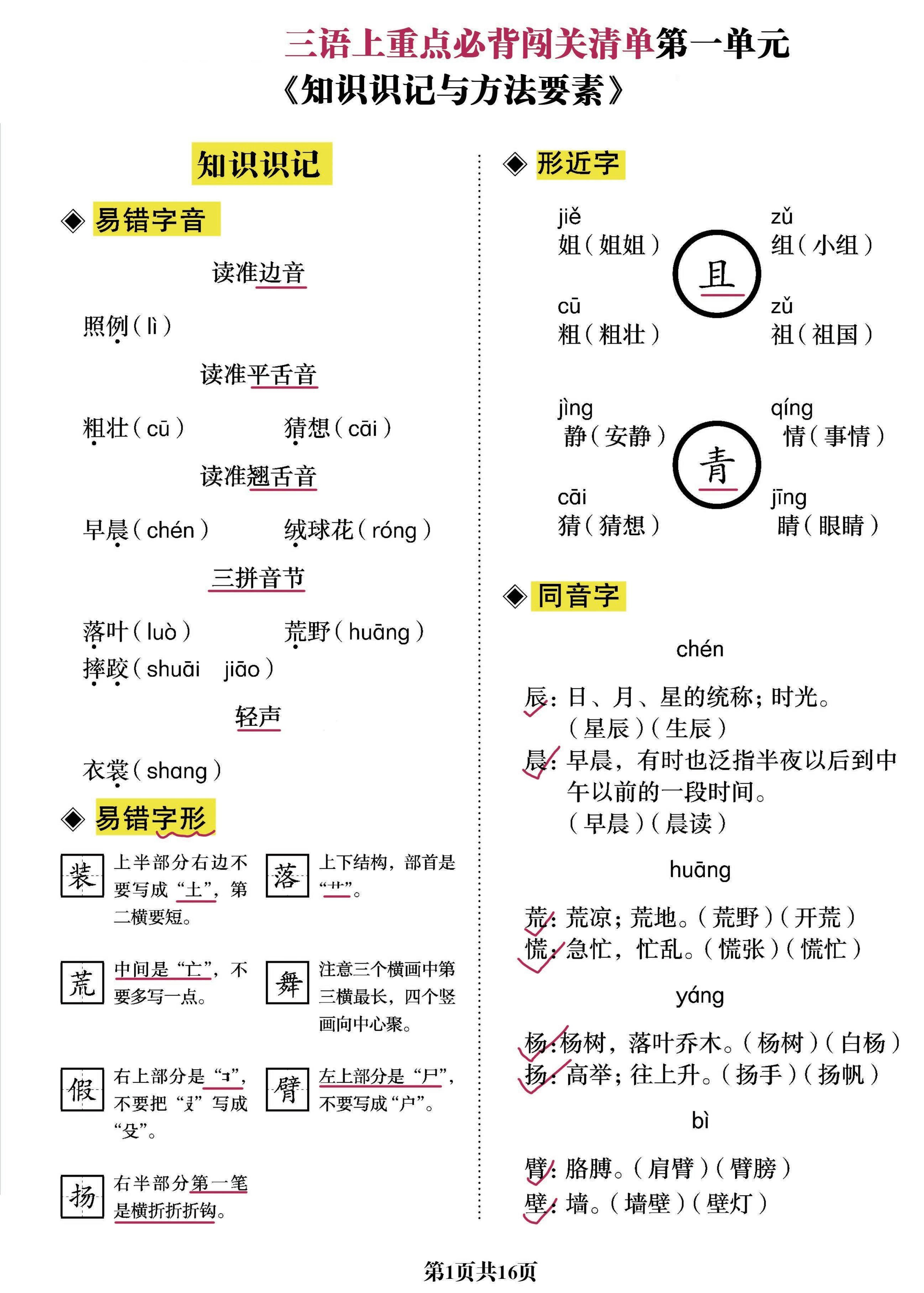 三上语文-重点必背清单《知识识记与方法要素》必考-吾爱自习网