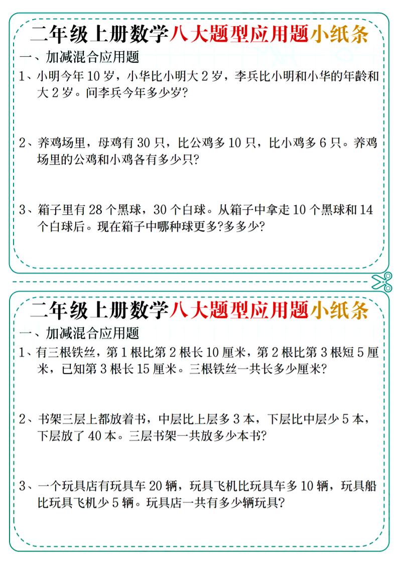 二年级上数学八大题型应用题小纸条-吾爱自习网