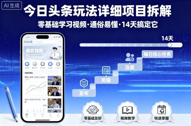 今日头条玩法详细项目拆解,零基础学习视频 通俗易懂 14天搞定它-吾爱自习网