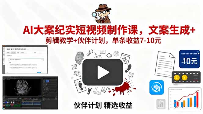 AI大案纪实短视频制作课，文案生成+剪辑教学+伙伴计划，单条收益7-10元-吾爱自习网