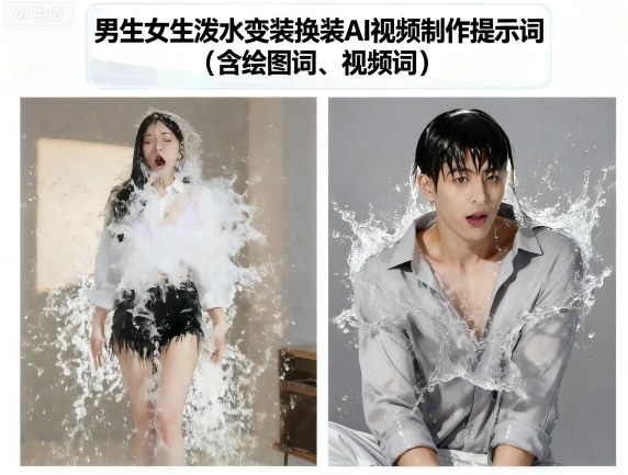 男生女生泼水变装换装AI视频制作提示词(含绘图词、视频词)-吾爱自习网