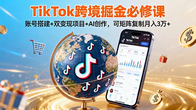 TikTo跨境掘金必修课,账号搭建+双变现项目+AI创作,可矩阵复制月入3万+-吾爱自习网