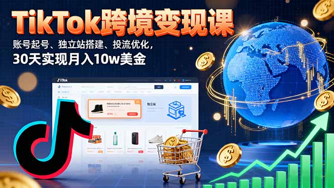 TikTok跨境变现课：账号起号、独立站搭建、投流优化，30天实现月入10w美金-吾爱自习网
