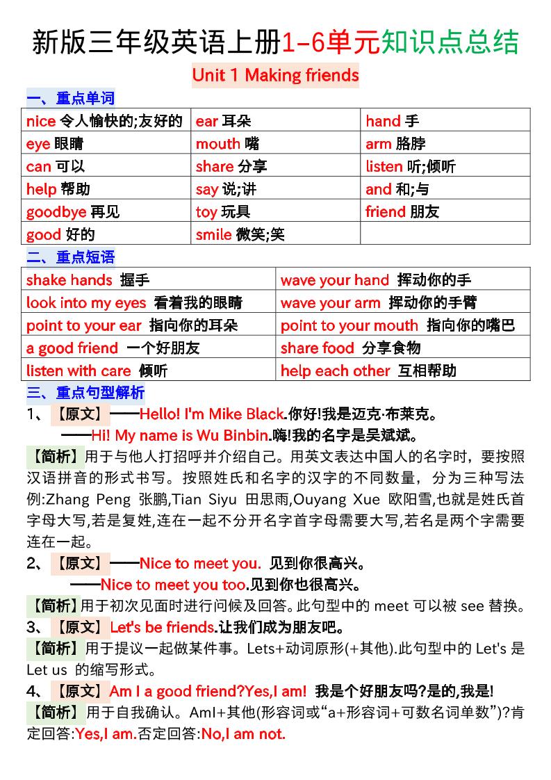 新版三年级英语上册1-6单元知识点总结-吾爱自习网