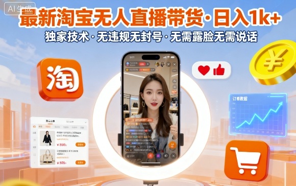 最新淘宝无人直播带货,日入1k+,独家技术,无违规无封号,无需露脸无需说话【揭秘】-吾爱自习网
