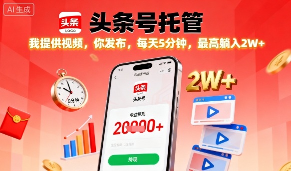 【头条号托管】我提供视频，你发布，每天5分钟，最高躺入2W+【揭秘】-吾爱自习网