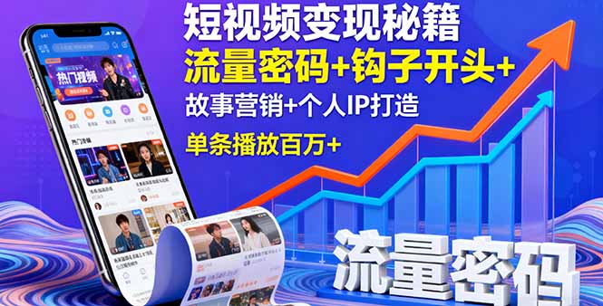 短视频变现秘籍，流量密码+钩子开头+故事营销+个人IP打造，单条播放百万+-吾爱自习网