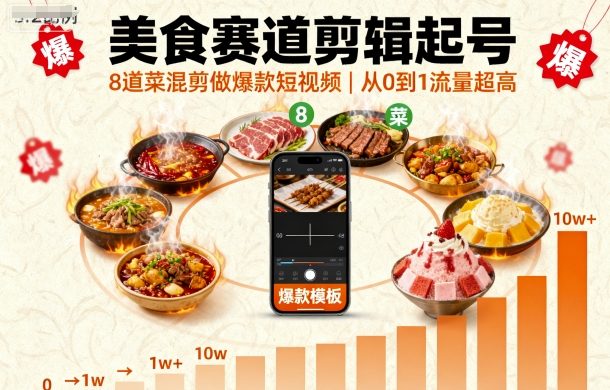 美食赛道剪辑起号，8道菜混剪做爆款短视频，从0到1，流量超高-吾爱自习网