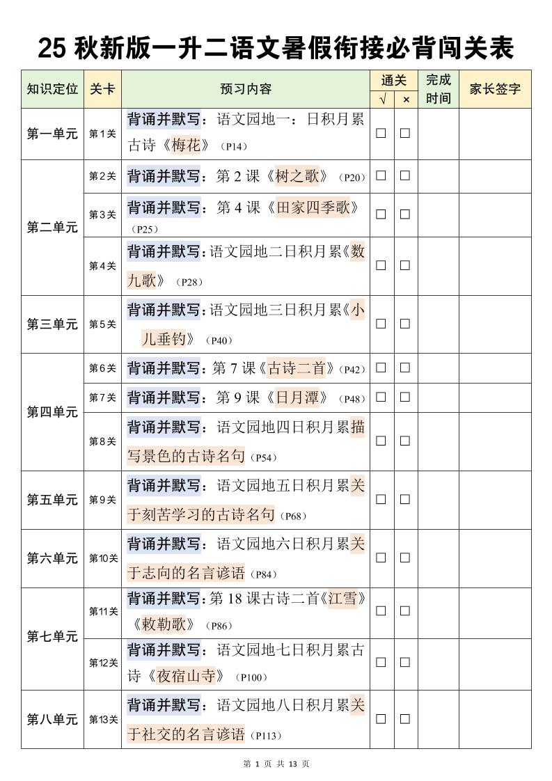 二上语文暑假衔接必背闯关表-吾爱自习网