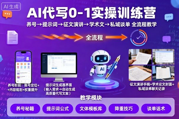 AI代写0-1实操训练营,从养号、提示词、征文演讲、学术文,到私域谈单的全流程教学-吾爱自习网