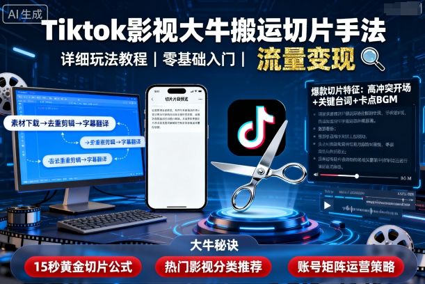 Tiktok影视大牛搬运切片手法,详细玩法教程-吾爱自习网