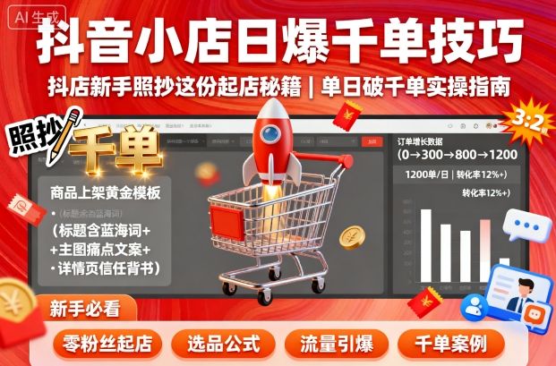抖音小店日爆千单技巧，抖店新手照抄这份起店秘籍，单日破千单-吾爱自习网