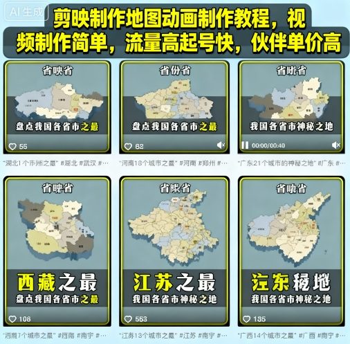 剪映制作地图动画制作教程,视频制作简单,流量高起号快,伙伴单价高-吾爱自习网