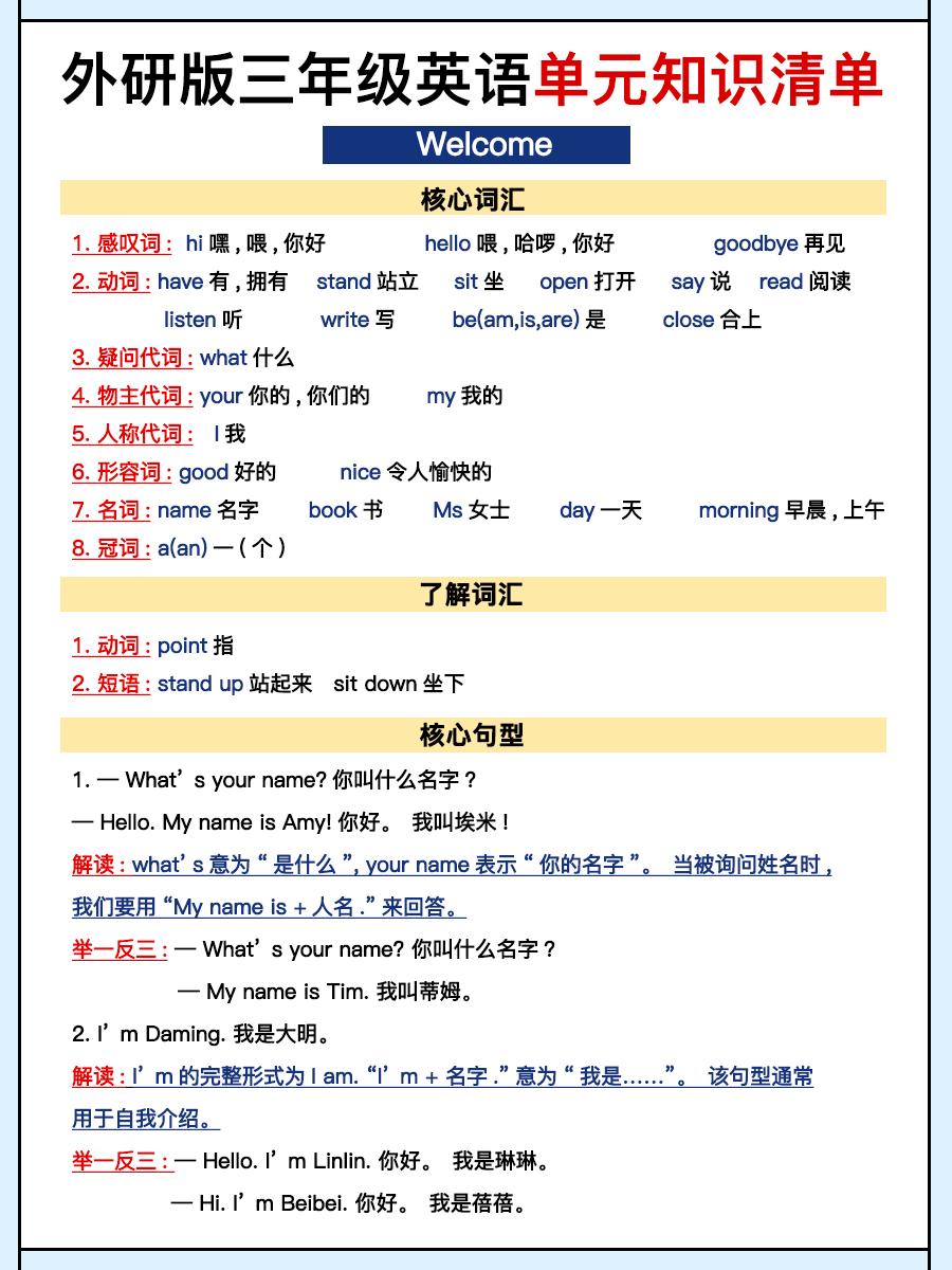 外研三上英语知识清单全-吾爱自习网