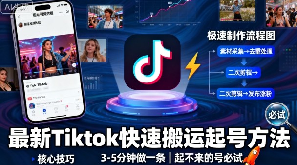 最新Tiktok快速搬运快速起号方法，3-5分钟做一条，起不来的号可以试试-吾爱自习网