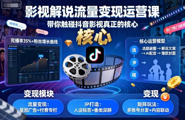 影视解说流量变现运营课，带你触碰抖音影视真正的核心-吾爱自习网