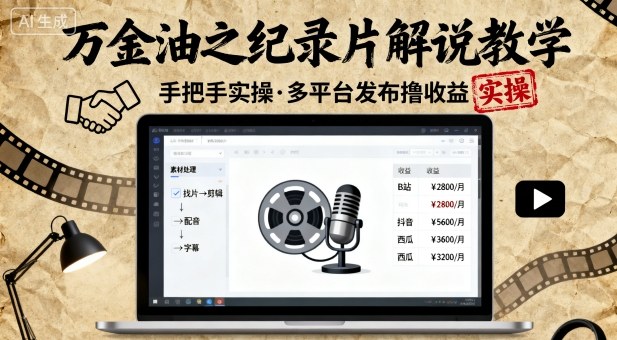 万金油之纪录片解说教学，手把手教你，完全实操，多平台发布撸收益-吾爱自习网