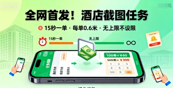 全网首发！酒店截图任务，15秒一单，每单0.6米，任务无上限不设限，矩阵操作单日3张到手【揭秘】-吾爱自习网