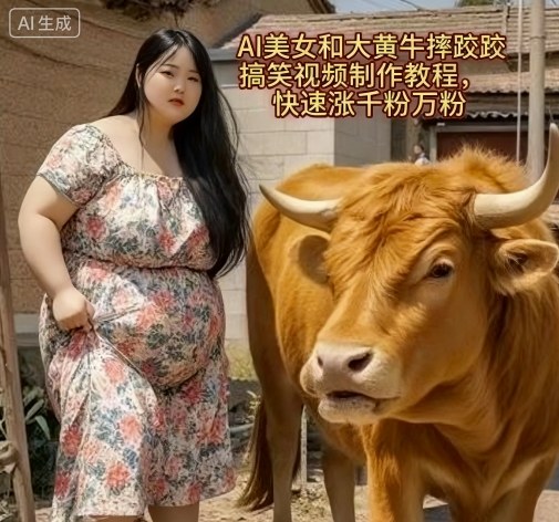 AI美女和大黄牛摔跤搞笑荒诞视频制作教程，快速涨千粉万粉-吾爱自习网