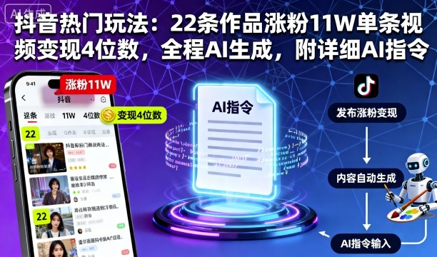 抖音热门玩法：22条作品涨粉11W单条视频变现4位数，全程AI生成，附详细AI指令-吾爱自习网