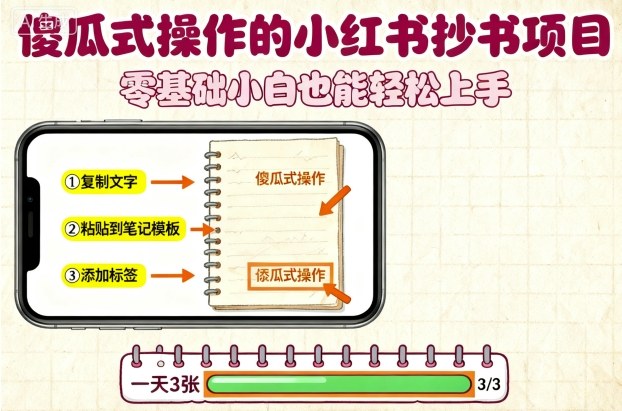 傻瓜式操作的小红书抄书项目，会复制粘贴就行，零基础小白也能一天3张-吾爱自习网