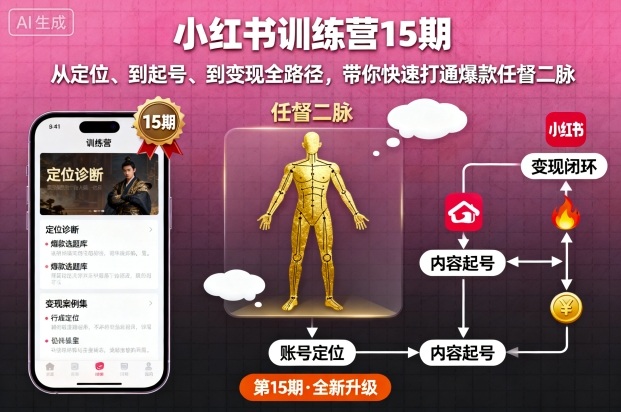 小红书训练营15期，从定位、到起号、到变现全路径，带你快速打通爆款任督二脉-吾爱自习网