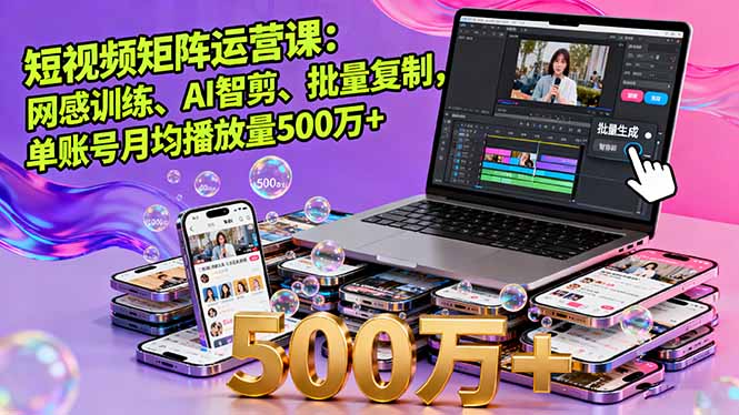 短视频矩阵运营课：网感训练、AI智剪、批量复制，单账号月均播放量500万+-吾爱自习网