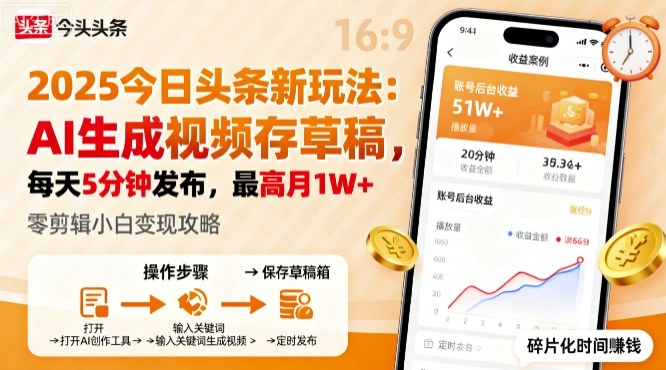 2025年今日头条躺賺新玩法，AI生成视频存草稿，每天5分钟发布，最高月1W+【揭秘】-吾爱自习网