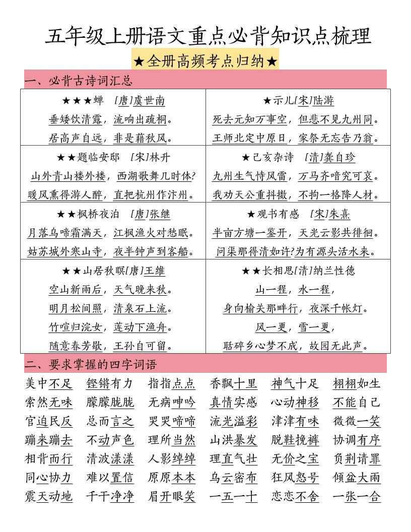 五上语文重点必背知识点梳理-吾爱自习网