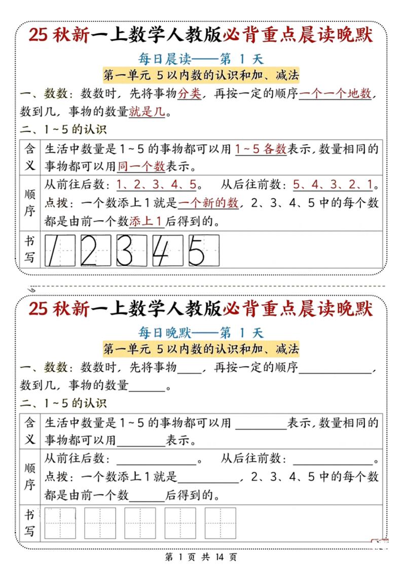 25秋新一上数学必背重点晨读晚默（人教版14页）-吾爱自习网