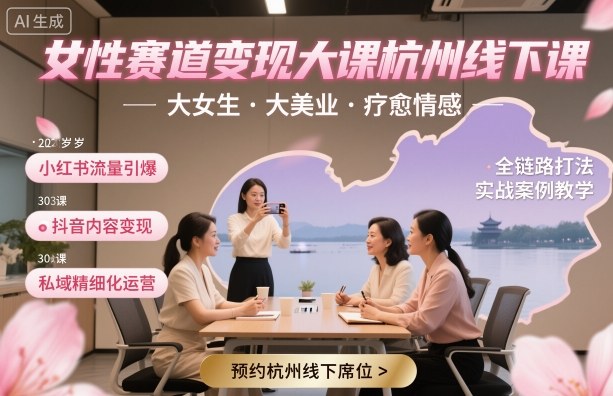 女性赛道变现大课杭州线下，大女生，大美业，疗愈情感，一套小红书、抖音、私域全链路打法-吾爱自习网