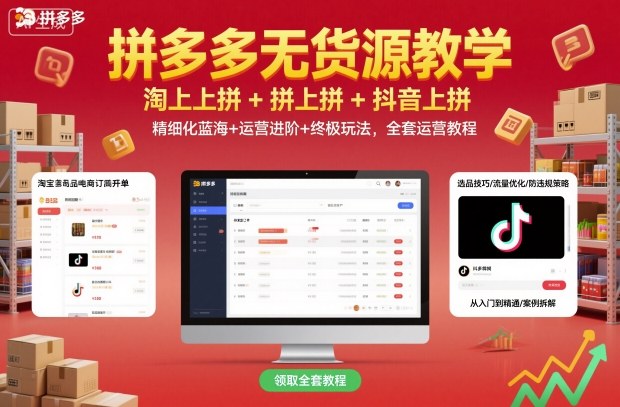 拼多多无货源教学,淘上拼+拼上拼+抖上拼,精细化蓝海+运营进阶+终极玩法,全套运营教程-吾爱自习网