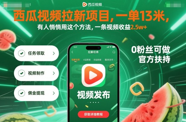 西瓜视频拉新项目，一单13米，有人悄悄用这个方法，一条视频收益2.5w+(附详细教程)-吾爱自习网