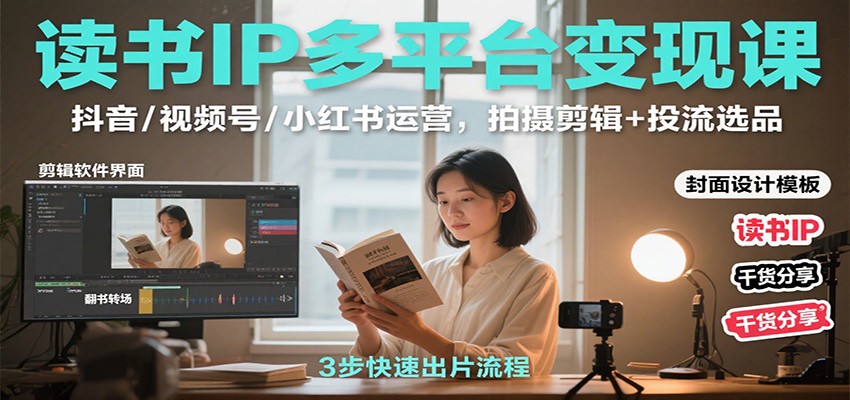 读书IP多平台变现课：抖音/视频号/小红书运营，拍摄剪辑+投流选品-吾爱自习网