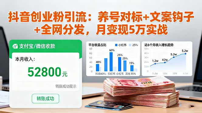 抖音创业粉引流：养号对标+文案钩子+全网分发，月变现5万实战-吾爱自习网