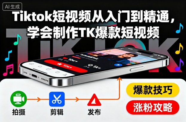 Tiktok短视频从入门到精通，学会制作TK爆款短视频-吾爱自习网