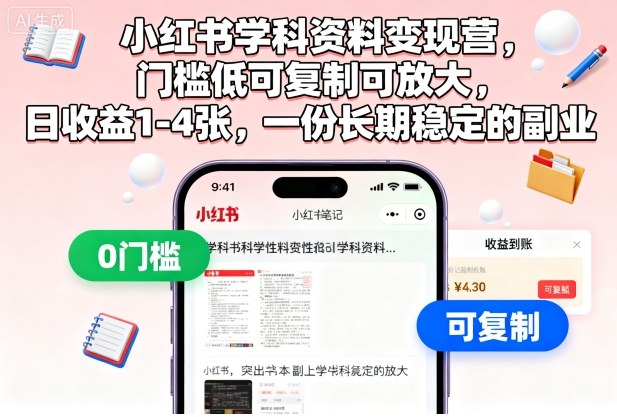 小红书学科资料变现营，门槛低可复制可放大，日收益1-4张，一份长期稳定的副业-吾爱自习网