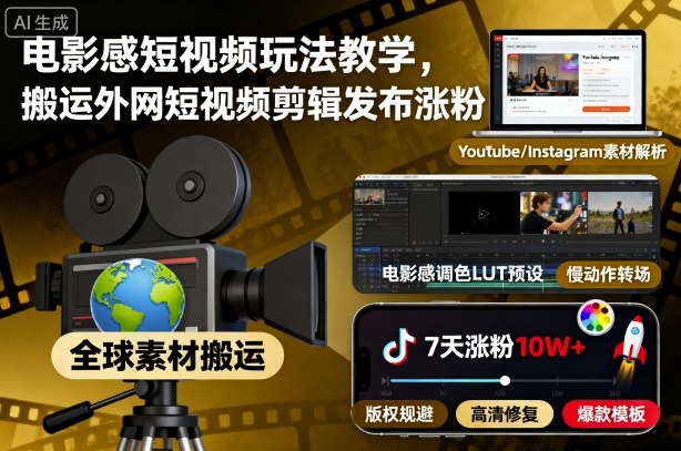 电影感短视频玩法教学，搬运外网短视频剪辑发布涨粉-吾爱自习网